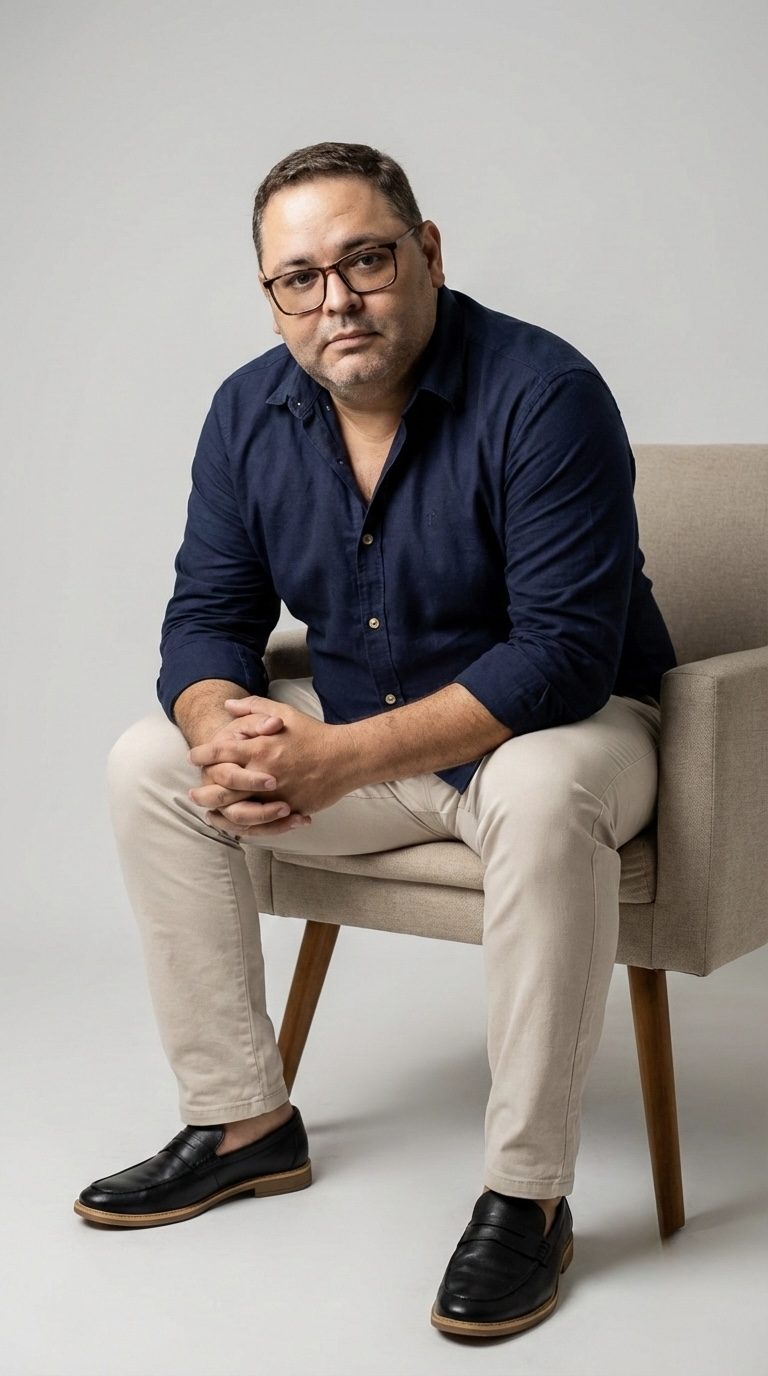 Dr. Roberto Rodrigues sentado em poltrona, retrato editorial de corpo inteiro